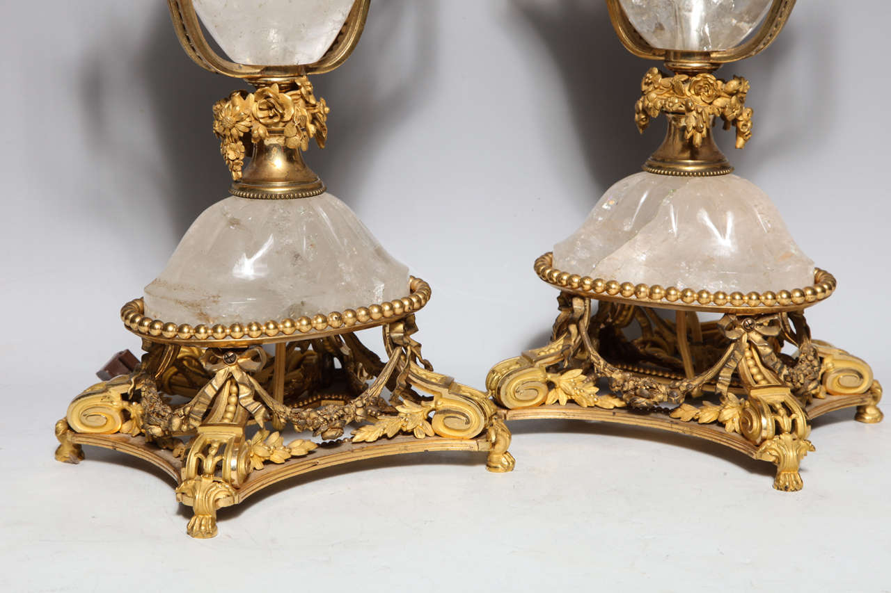 Pair of Unique Antique French Louis XVI Style Gilt Bronze & Rock Crystal Lamps 3