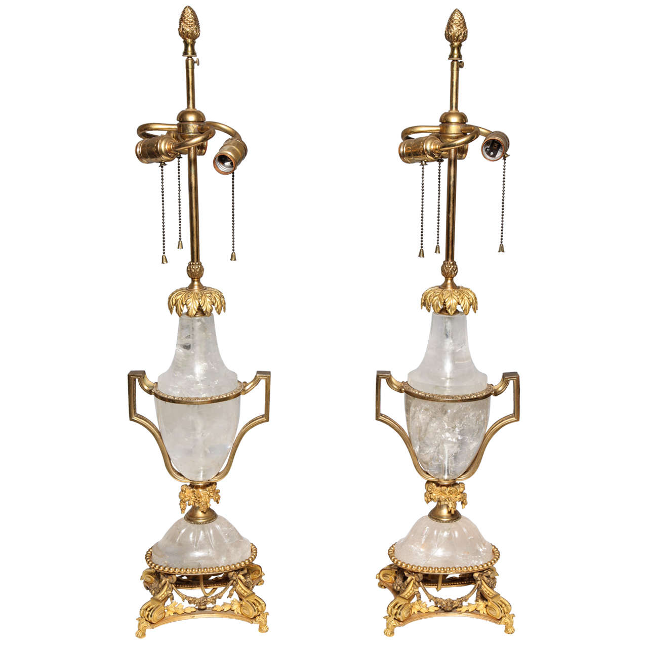 Pair of Unique Antique French Louis XVI Style Gilt Bronze & Rock Crystal Lamps