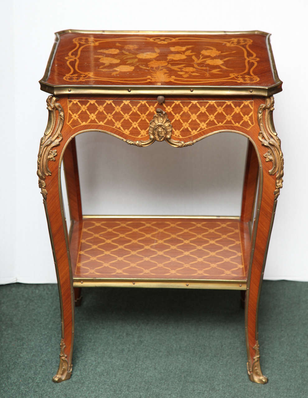 Pair of fine two tier inlaid marquetry and parquetry side tables in the Louis XV style