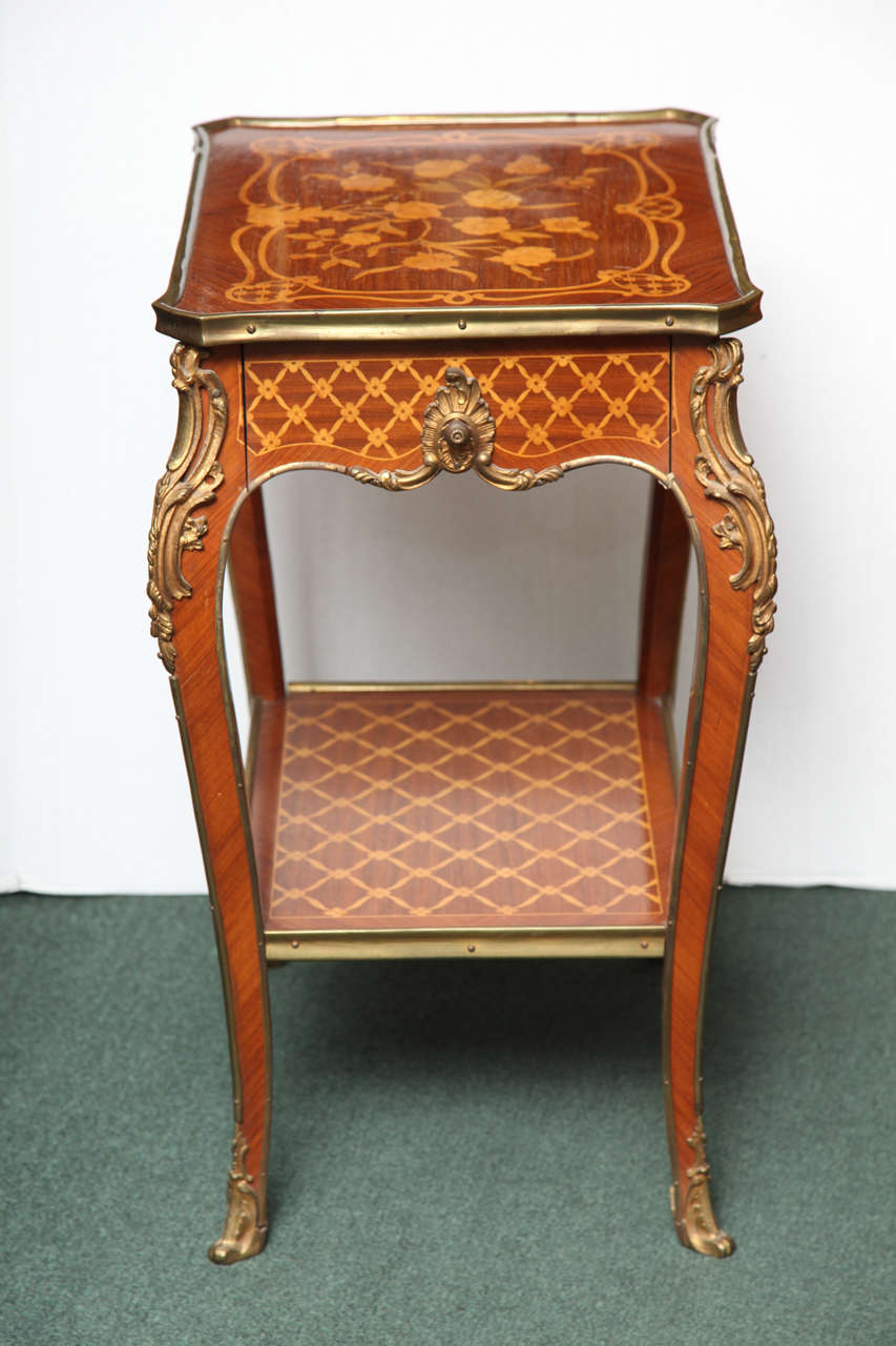 Pair of two tier inlaid marquetry and parquetry side tables In Good Condition In New York, NY
