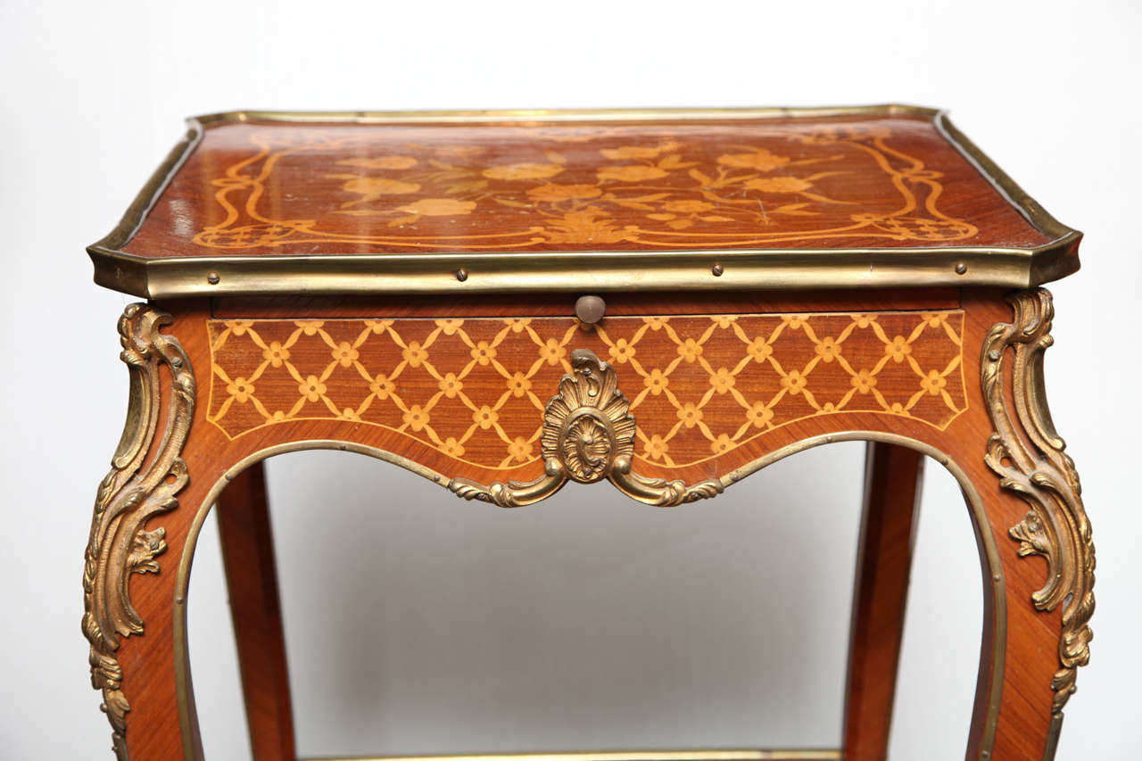 Pair of two tier inlaid marquetry and parquetry side tables 1