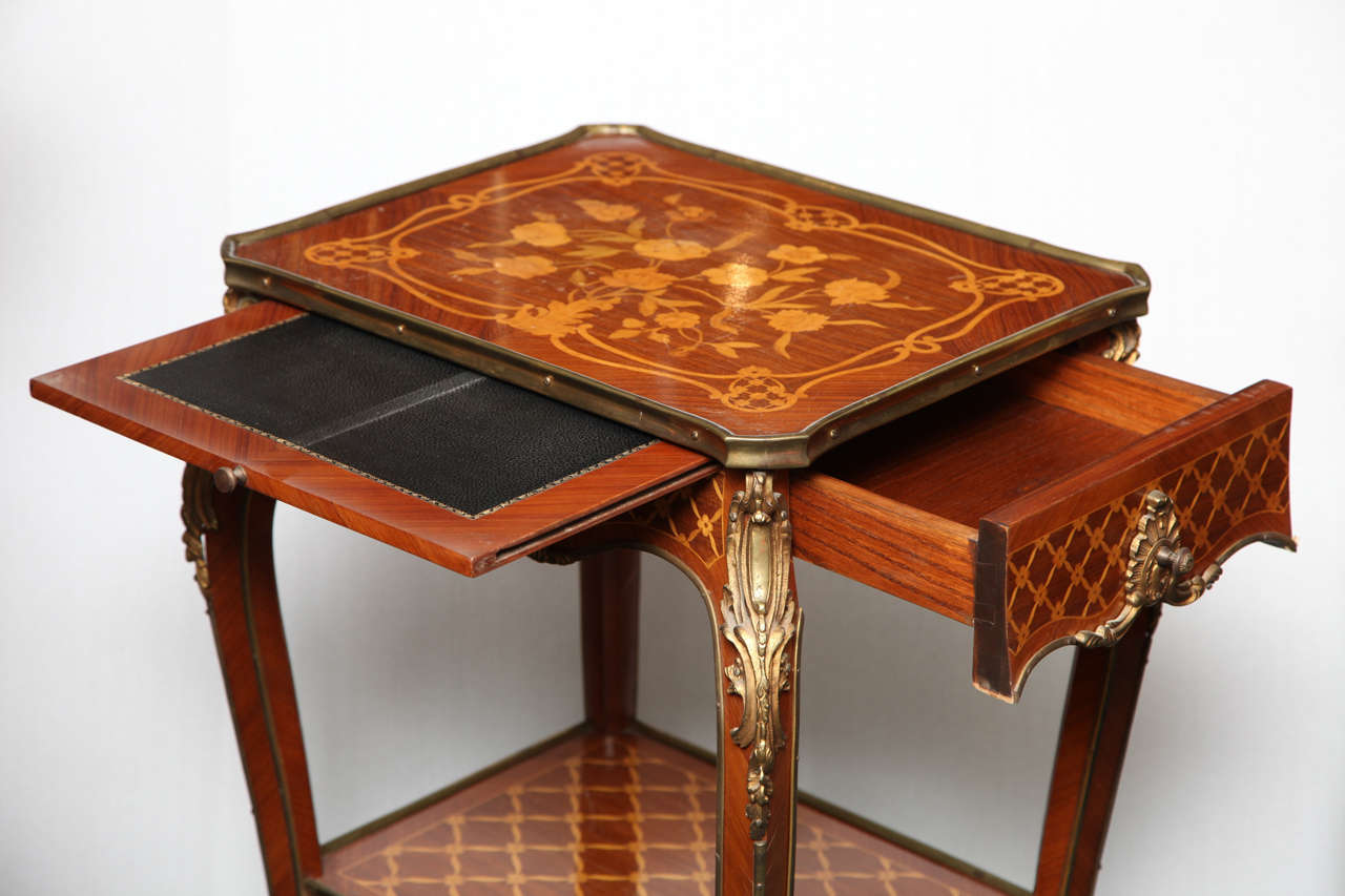 Pair of two tier inlaid marquetry and parquetry side tables 2