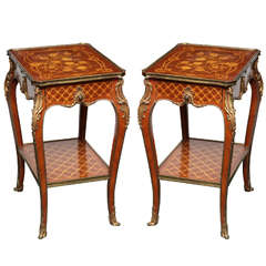 Pair of two tier inlaid marquetry and parquetry side tables