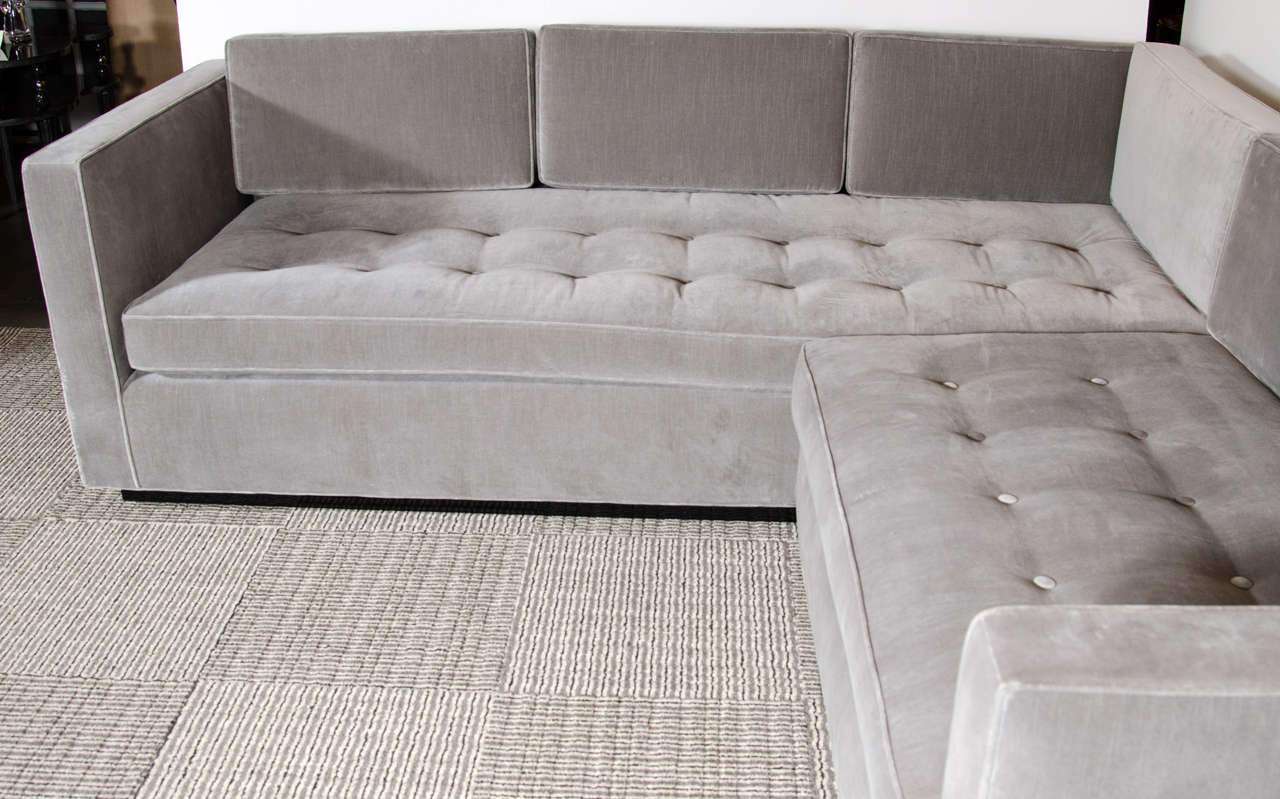 American Luxe Modernist Sectional Sofa with Biscuit Tufting in Grey Velvet
