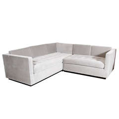 Used Luxe Modernist Sectional Sofa with Biscuit Tufting in Grey Velvet