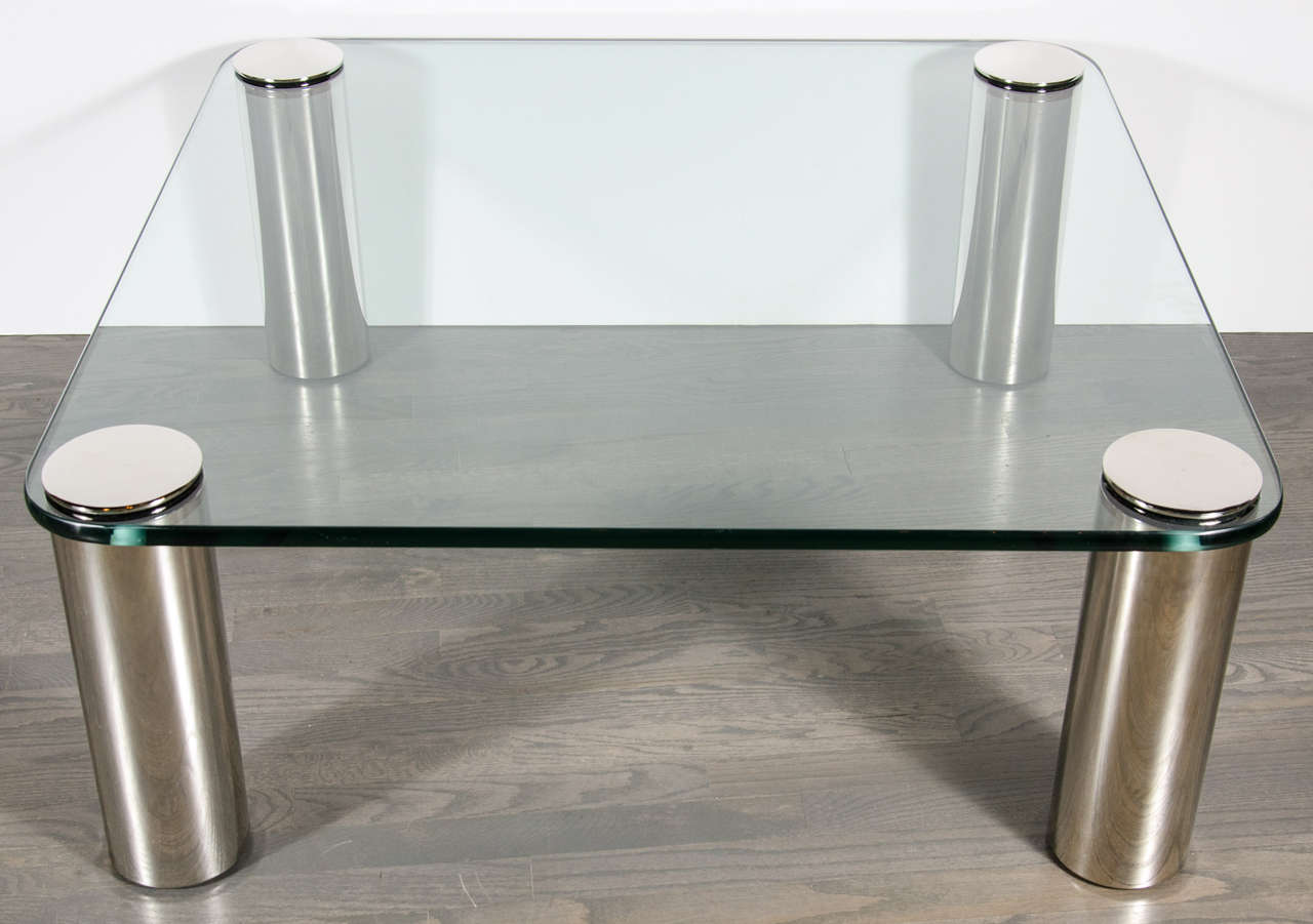 American Mid-Century Modern Cocktail Table with Cylindrical Brushed Nickel Legs For Sale