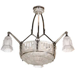Superb Art Deco Silvered Bronze Chandelier with Relief Frosted Glass