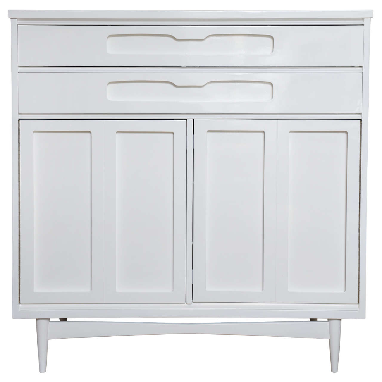 Floating wardrobe or highboy finished in high gloss durable white lacquer featuring two large top drawers followed by double doors revealing interior drawers and shelves. Excellent storage capabilities in this beautiful mid century floating chest.