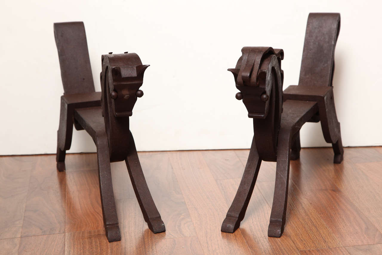 Mid-Century Modern Rare Pair of Horse-Shaped Wrought Iron Andirons For Sale