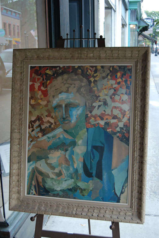 An amazing depiction of a classical male figure done completely of collage of various torn papers.  In a deep, highly carved frame with a grey tan wash.  Vertically signed William Clarke in lower right hand corner.