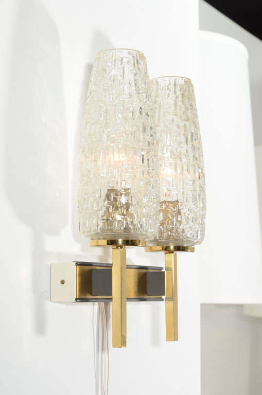 French Two Arm Cut Glass & Brass Wall Sconces In Excellent Condition In New York, NY