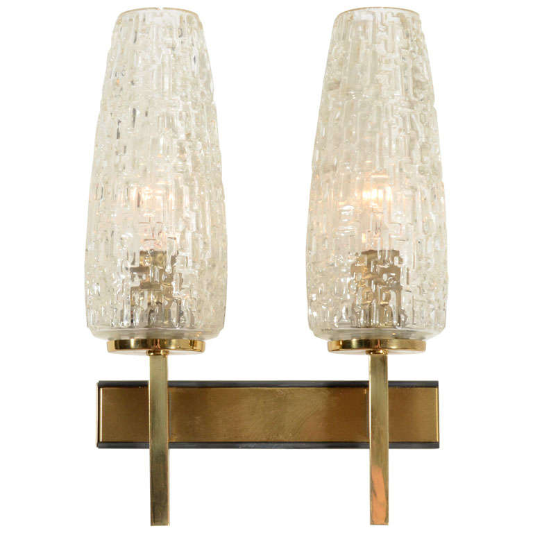 French Two Arm Cut Glass & Brass Wall Sconces
