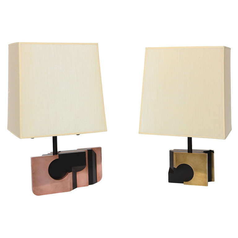  Table Lamps Pair Mid Century Modern Sculptural mixed metals 1970's For Sale