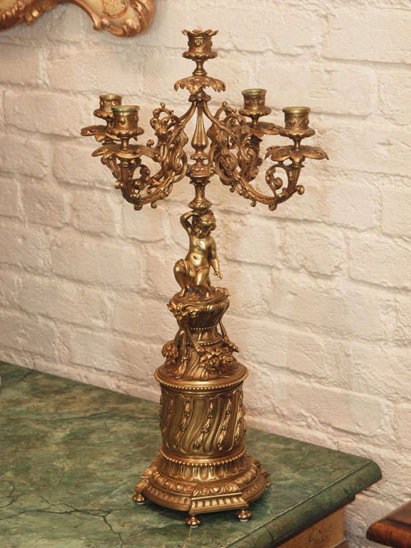 Antique Pair Of Brass 5 Light Putto Candelabra
