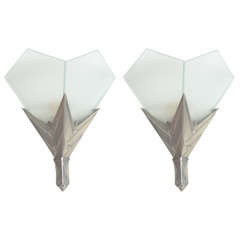 Pair of Art Deco Frosted Glass & Brushed Nickel Chevron Sconces