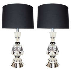 Vintage Pair of Art Deco Lamps with Reverse Etched and Beveled Designs