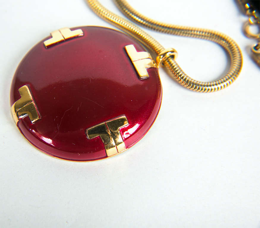 a funkyfinders fresh find. for review is this signed 'lanvin paris' collar-length neckpiece featuring a ravishing red enamel 'JL' logo pendant on a classic period gold snake-chain. a superb example from lanvin boasting both striking styling as well