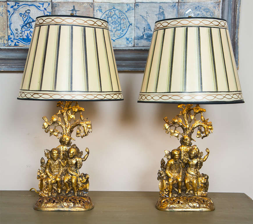 Exceptional Pair of Gilt Bronze Figural Lamps