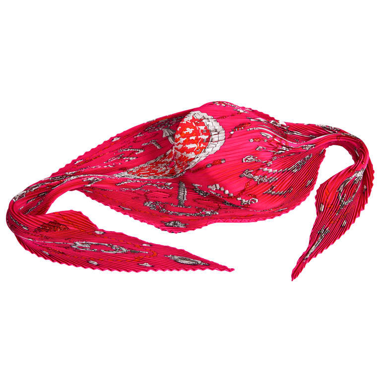 Hermes Raspberry "Les Cles" Pleated Silk Scarf*