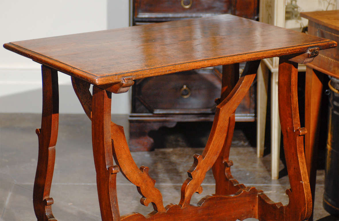 Italian Late 18th Century Walnut Side Table with Lyre Legs and Carved Stretcher In Good Condition In Atlanta, GA