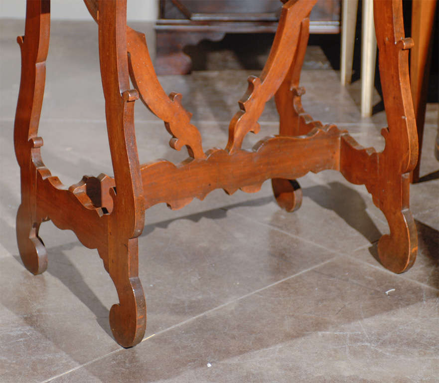 Wood Italian Late 18th Century Walnut Side Table with Lyre Legs and Carved Stretcher