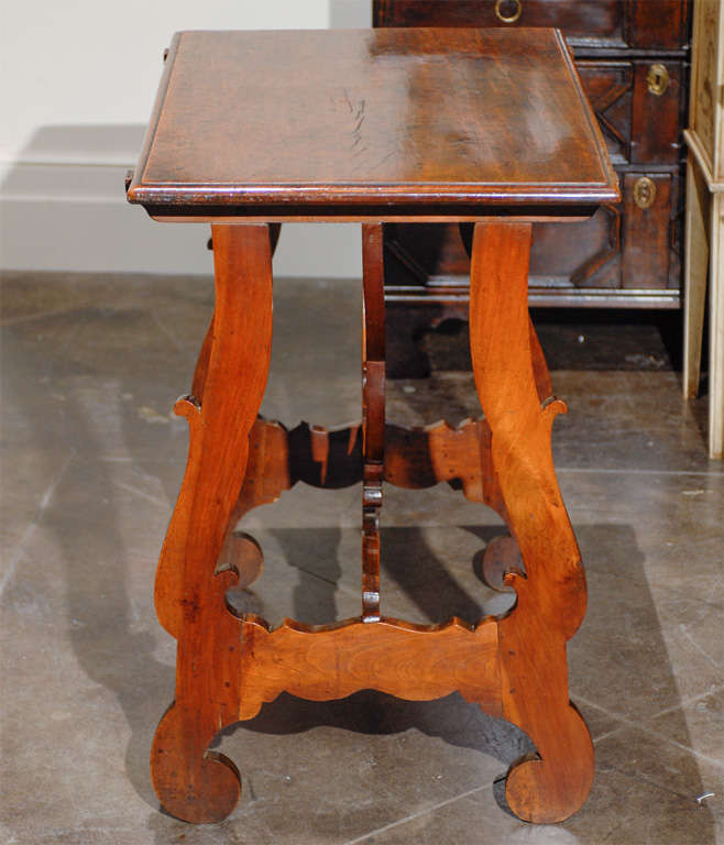 Italian Late 18th Century Walnut Side Table with Lyre Legs and Carved Stretcher 1