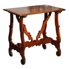 Italian Late 18th Century Walnut Side Table with Lyre Legs and Carved Stretcher