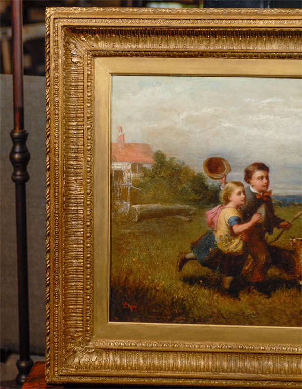 1870 English Signed Oil Painting of Two Children and a Dog Chasing a Butterfly In Good Condition In Atlanta, GA