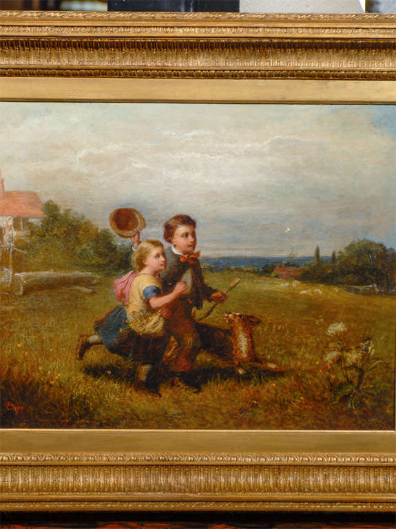 19th Century 1870 English Signed Oil Painting of Two Children and a Dog Chasing a Butterfly