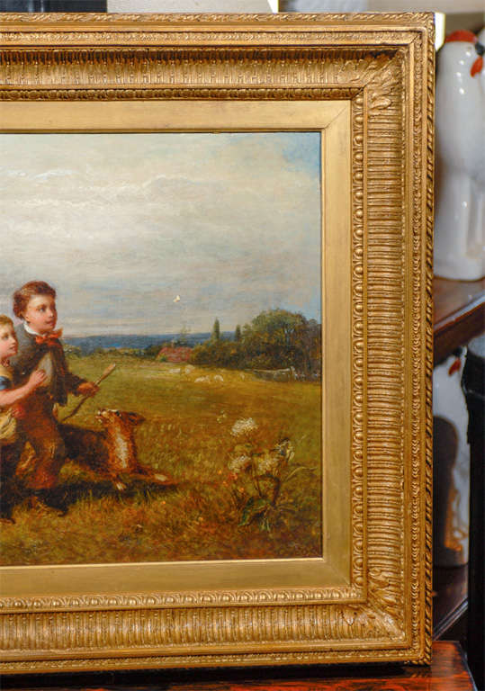 Canvas 1870 English Signed Oil Painting of Two Children and a Dog Chasing a Butterfly