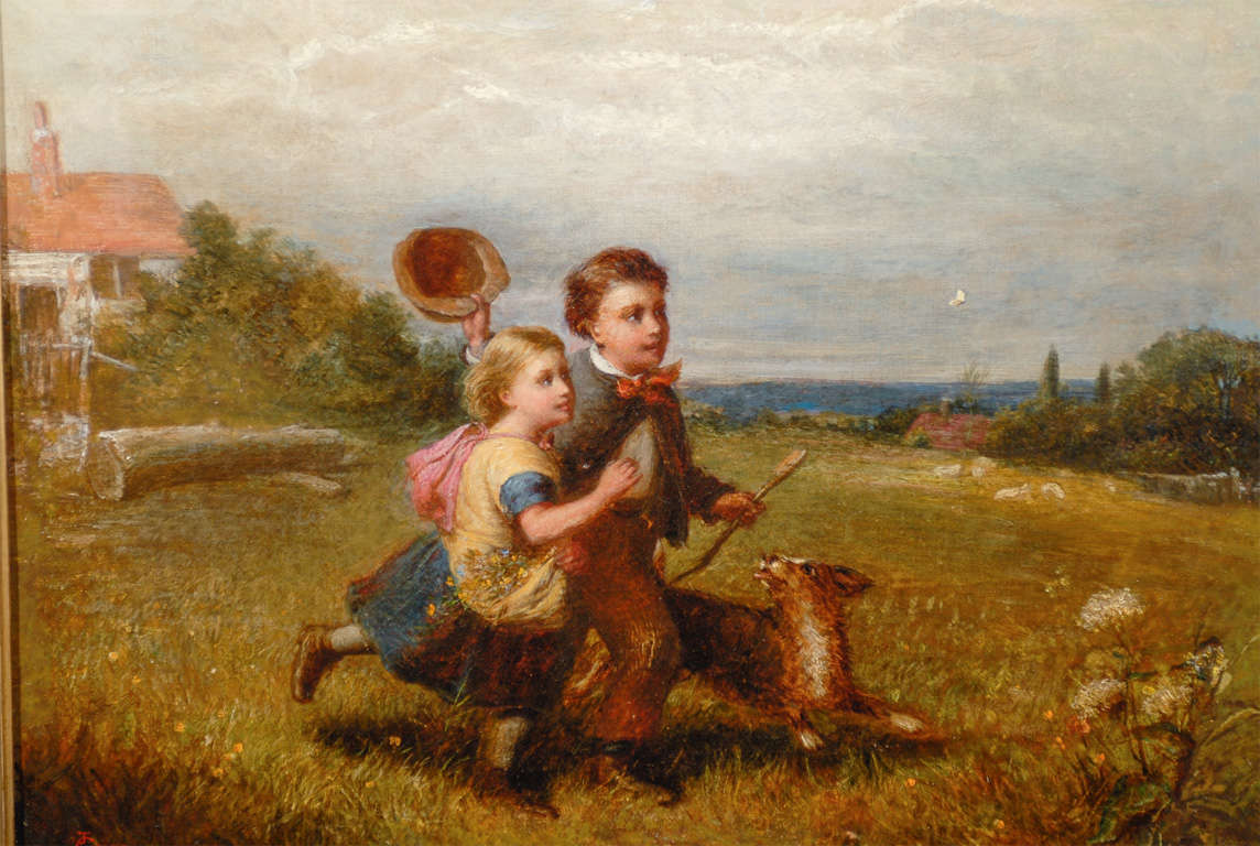1870 English Signed Oil Painting of Two Children and a Dog Chasing a Butterfly 1