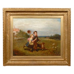 1870 English Signed Oil Painting of Two Children and a Dog Chasing a Butterfly
