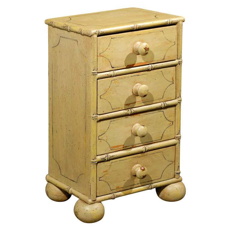 Petite 20th Century English Cream-Painted Faux Bamboo Wooden Chest of Drawers For Sale