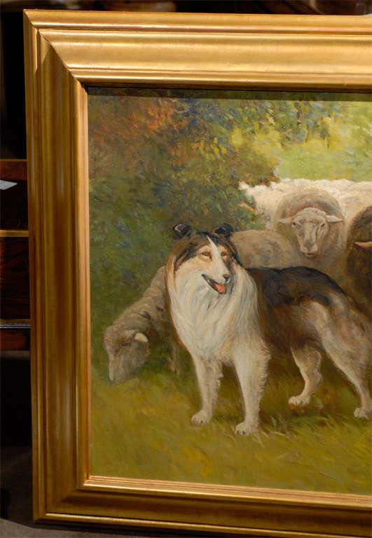 American William Henry Drake 1917 Oil on Canvas Painting of Sheep and Dog in Landscape For Sale