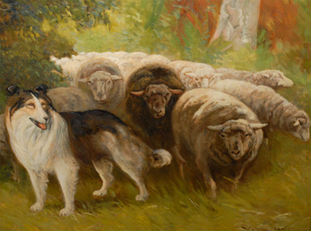 William Henry Drake 1917 Oil on Canvas Painting of Sheep and Dog in Landscape In Good Condition For Sale In Atlanta, GA