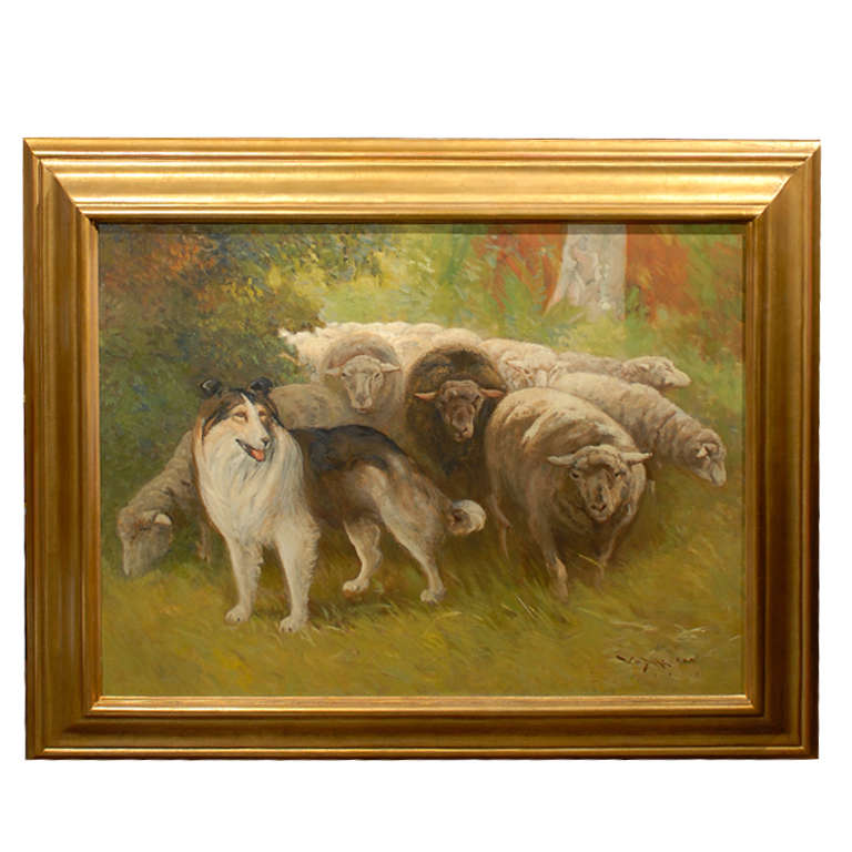 William Henry Drake 1917, peinture à l'huile sur toile représentant des moutons et un chien dans un paysage