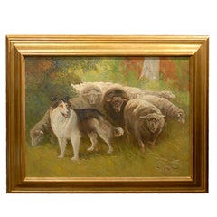 Used William Henry Drake 1917 Oil on Canvas Painting of Sheep and Dog in Landscape