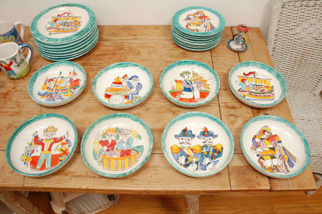 Offering 34 pieces of signed Desimone Italian pottery. This whimsical pottery has a distinctive Picasso look, but is the work of Italian potter Desimone (now deceased). All these pieces were actually done by him, not his company, and all were