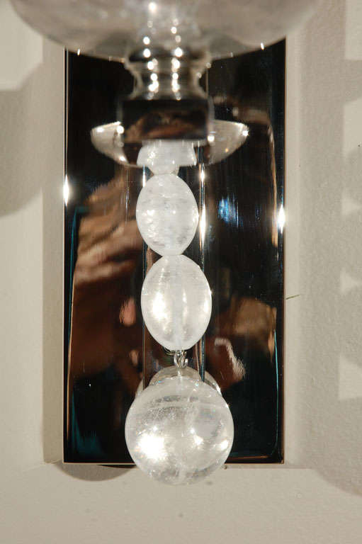 American Glass Ball Sconce with Rock Crystal For Sale