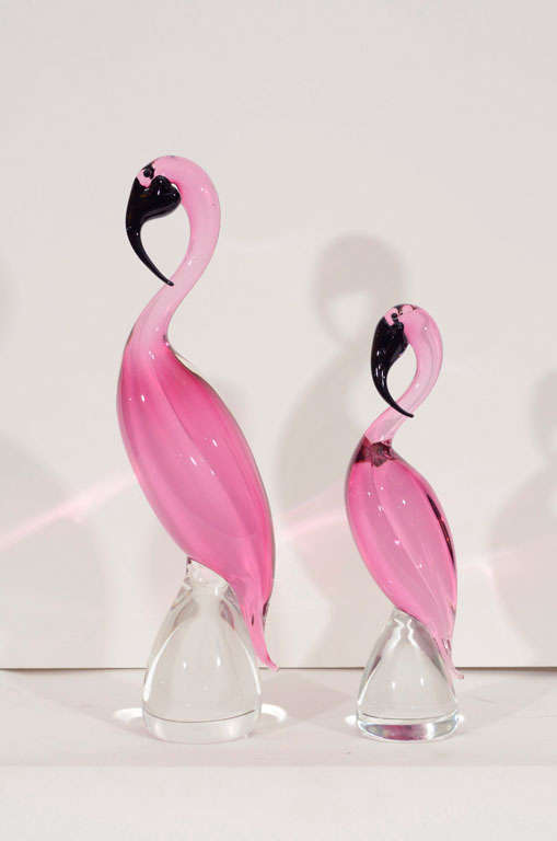 Fantastic pair of hand blown solid glass Pink Flamingos by Seguso.