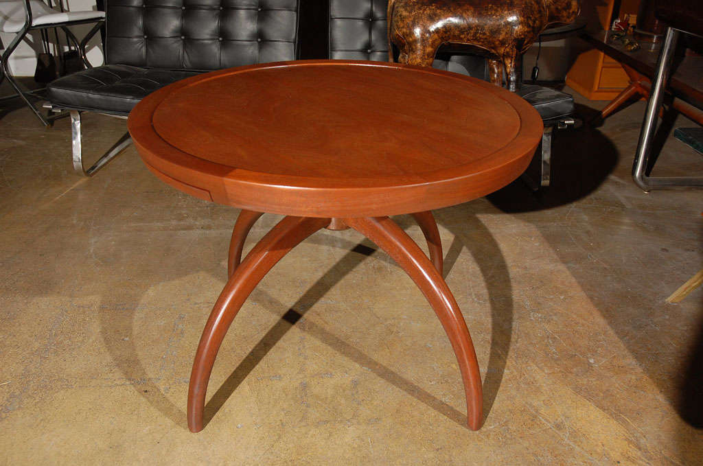 Spider side table in light walnut finish with pullout coasters