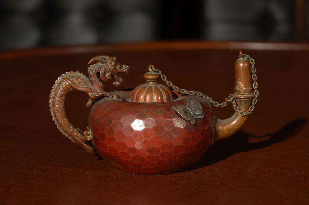 Grat oil lamp by the well known Gorham Co. Mixed metals and great patina.