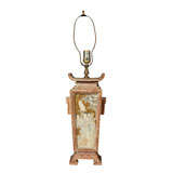 James Mont oak table lamp with chinese, reverse paint motif