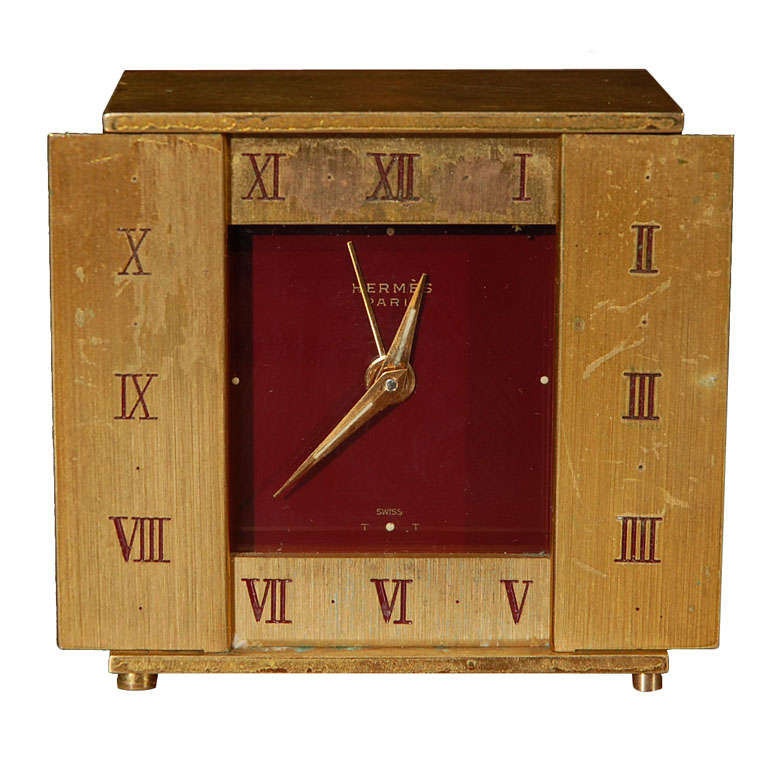 Hermes two door table/desk clock, brass , enamel at 1stdibs