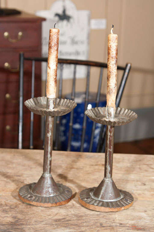 19th c. Pair of Tin Candle Sticks