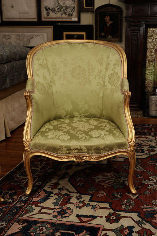 French A Pair Of Louis XV Silk Upholstered Giltwood Bergeres For Sale