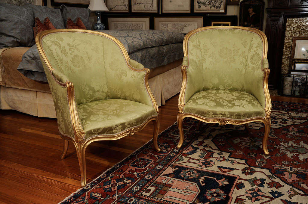 A Pair Of Louis XV Silk Upholstered Giltwood Bergeres For Sale 6