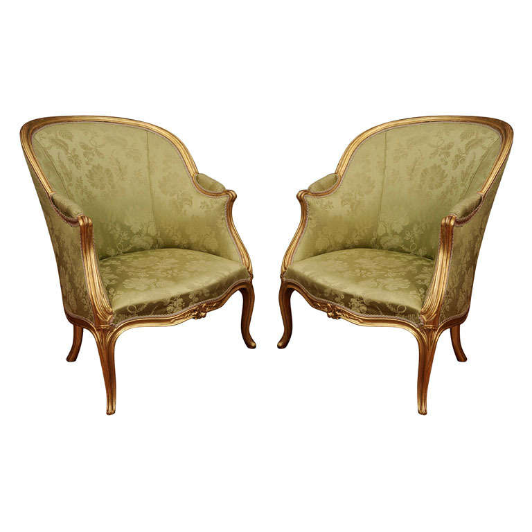 A Pair Of Louis XV Silk Upholstered Giltwood Bergeres For Sale