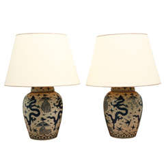 Pair of Large Blue and White Lamps