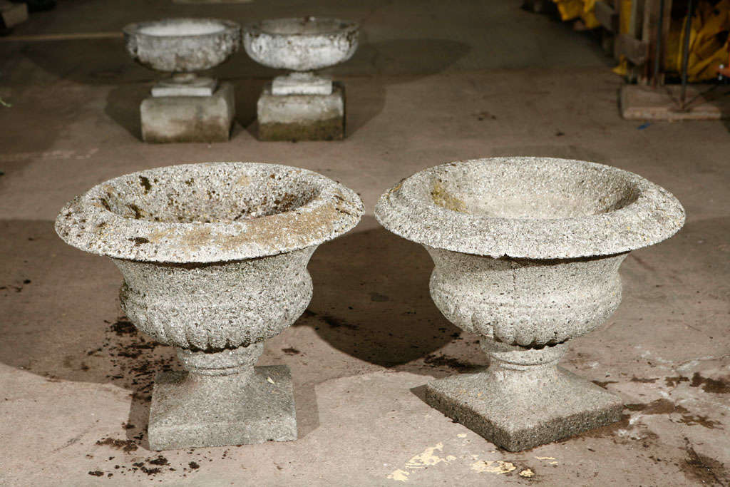 Pair of Round Composition Urns with Mossy Surface